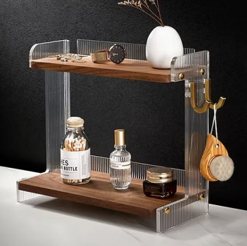 Bathroom Walnut Standing Acrylic Cosmetic Holder Kitchen Spice Rack Counter Organize