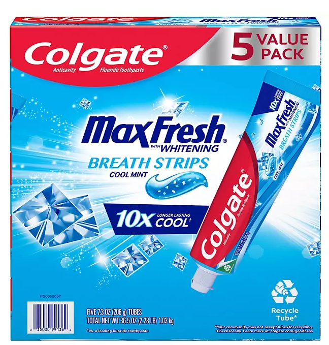 Colgate MaxFresh Toothpaste with Mini Breath Strips, Cool Mint, 7.3 oz., 5 pk