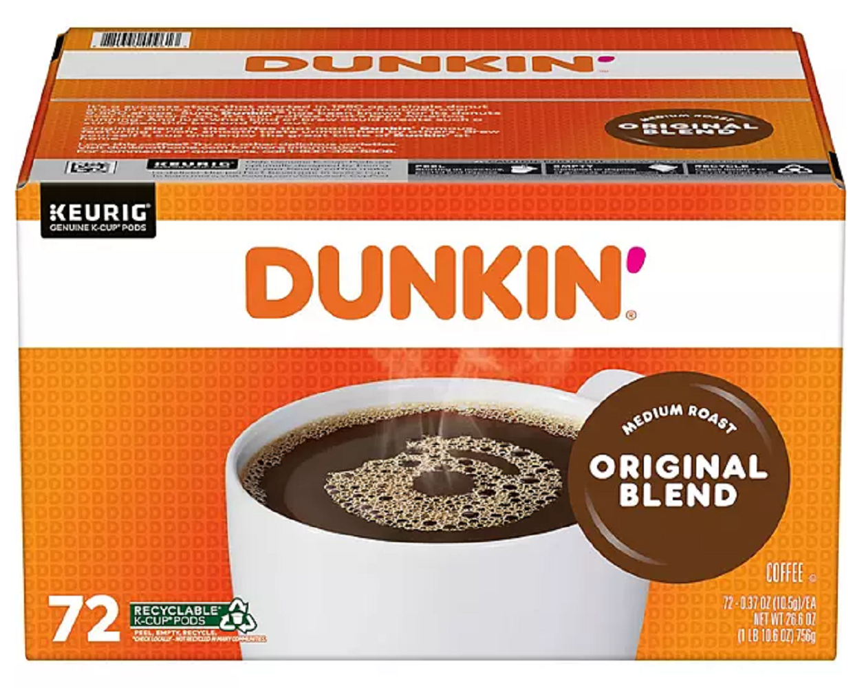 Dunkin' Donuts Medium Roast K-Cup Coffee Pods, Original Blend, 72 ct.