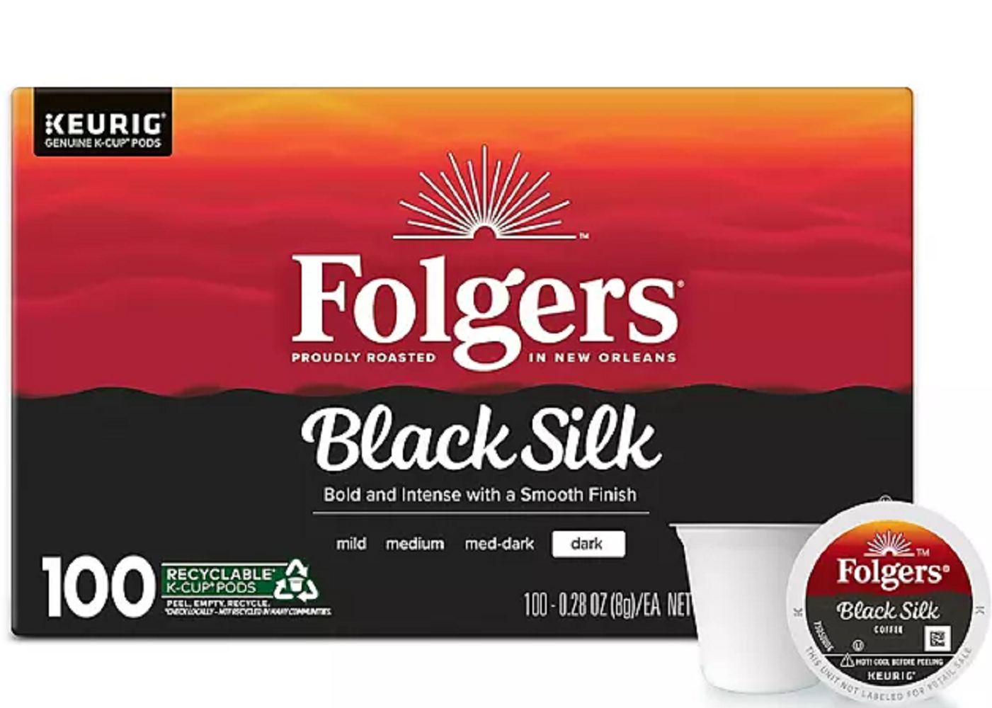 Folgers Dark Roast K-Cup Coffee Pods, Black Silk, 100 ct.