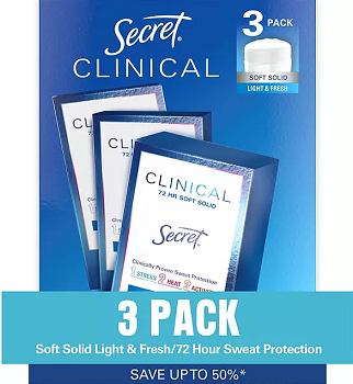 Secret Clinical Soft Solid Antiperspirant and Deodorant, Light & Fresh, 1.6 oz., 3 ct.