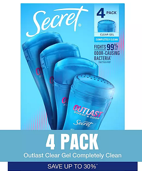 Secret Outlast Clear Gel Deodorant, Completely Clean, 2.6 oz., 4 pk.