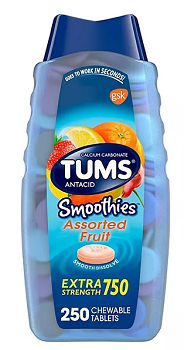 TUMS Smoothies Chewable Extra Strength Antacid Tablets, Assorted Fruit, 250 ct.