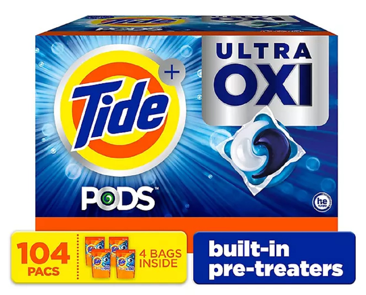 Tide PODS Liquid Detergent Pacs, 4-in-1 Ultra Oxi, 104 ct.