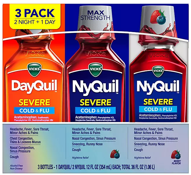 Vicks DayQuil & NyQuil Severe Cold & Flu Relief Liquid, Berry, 12 fl. oz., 3 pk.