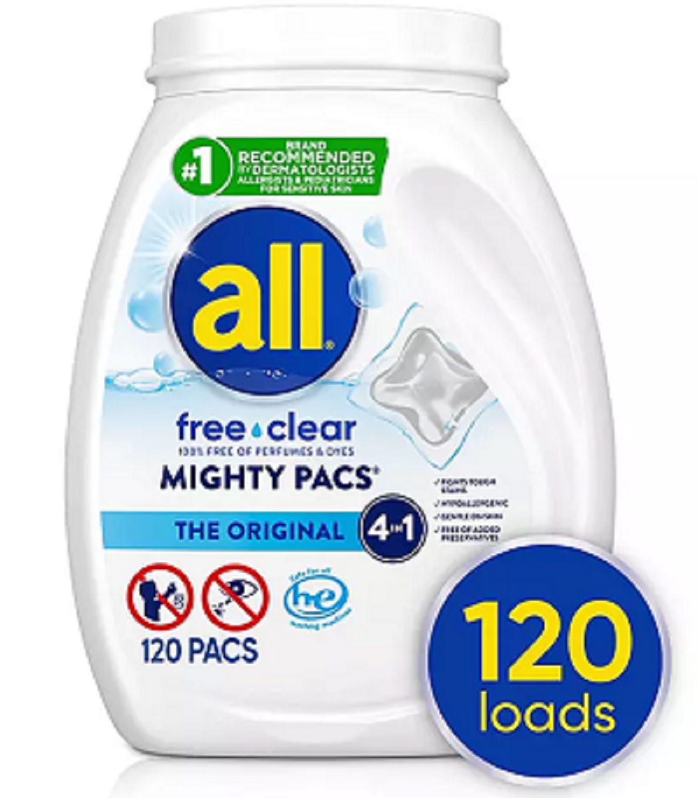 all free clear MIGHTY PACS Laundry Detergent Pacs, The Original, 120 ct.